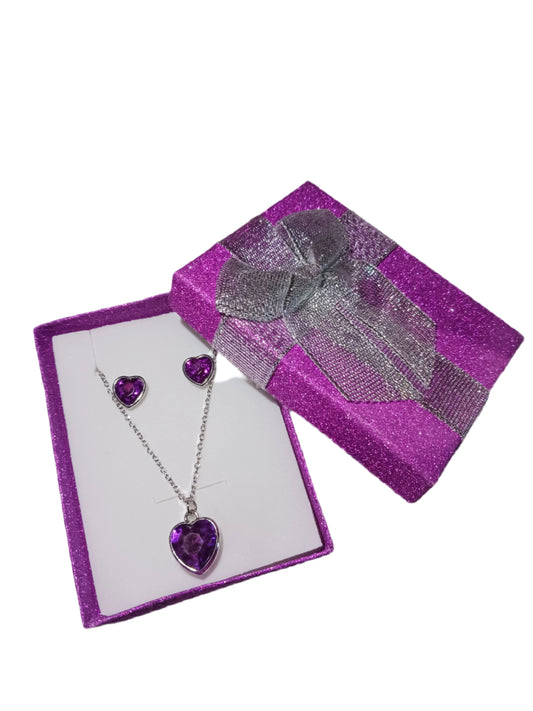 Purple Heart Jewelry Set Magenta Glitter Box